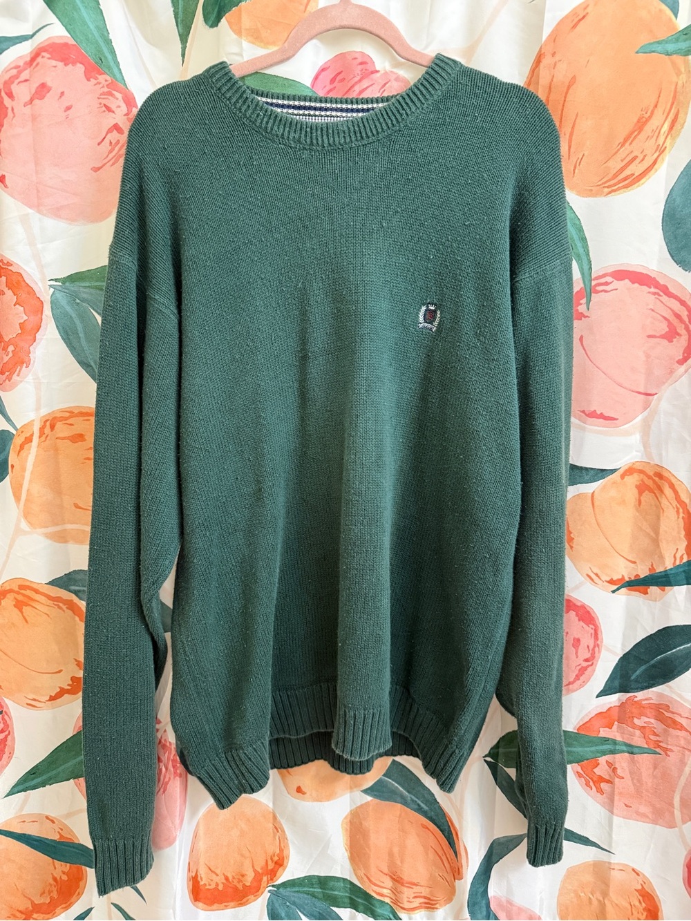 Vintage Siegfried Forest Green Cotton Blend Knit Sweater XL Embroidered Crest